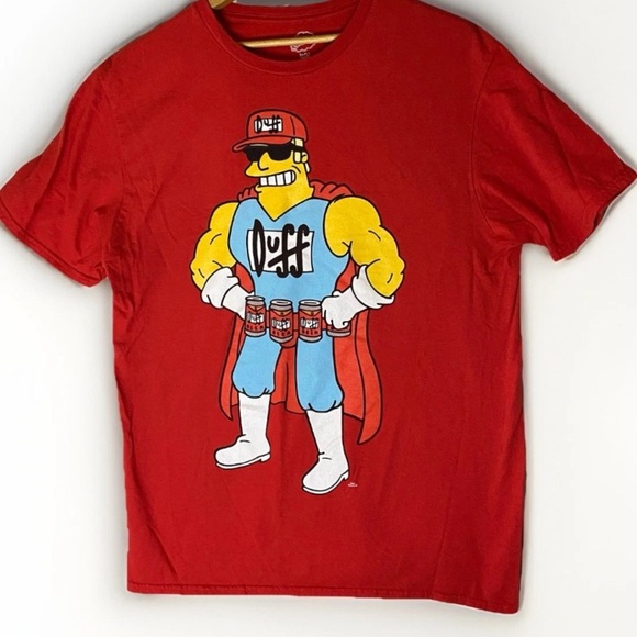 The Simpsons Other - Duff Man In Cape Superhero Pose The Simpsons Red T-shirt Men’s Size Large